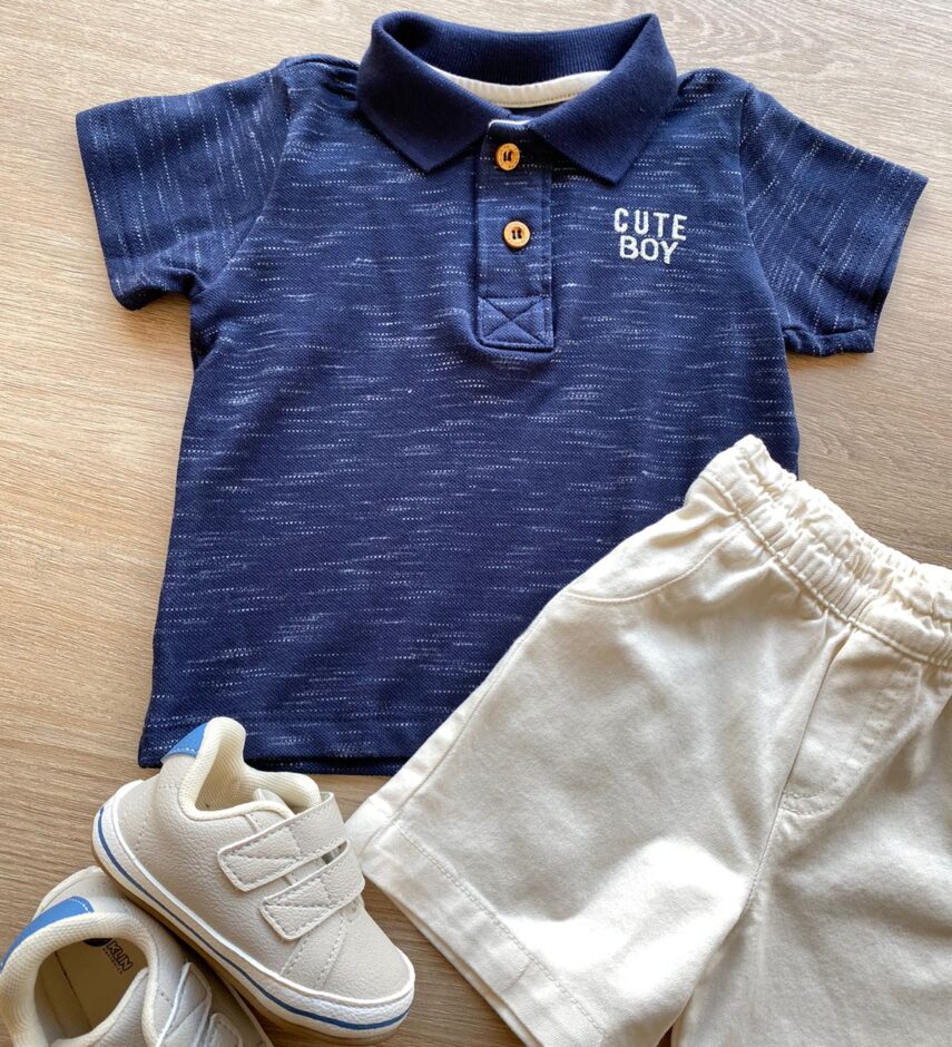 fernandaramoskids com br Conjunto Infantil Masculino Camiseta Polo Azul e Bermuda Sarja Off White 1