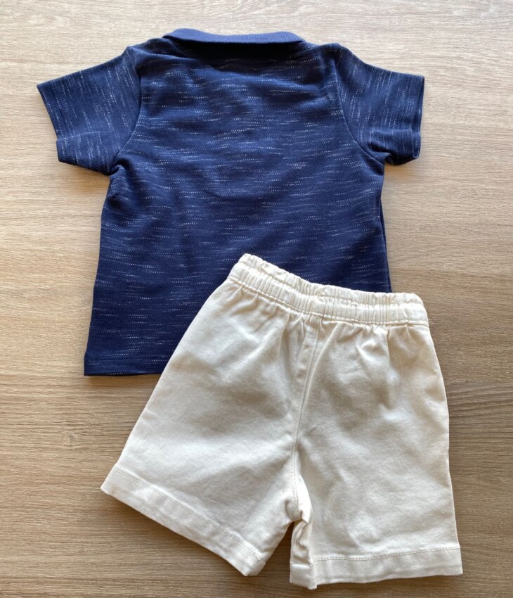 fernandaramoskids com br Conjunto Infantil Masculino Camiseta Polo Azul e Bermuda Sarja Off White 2