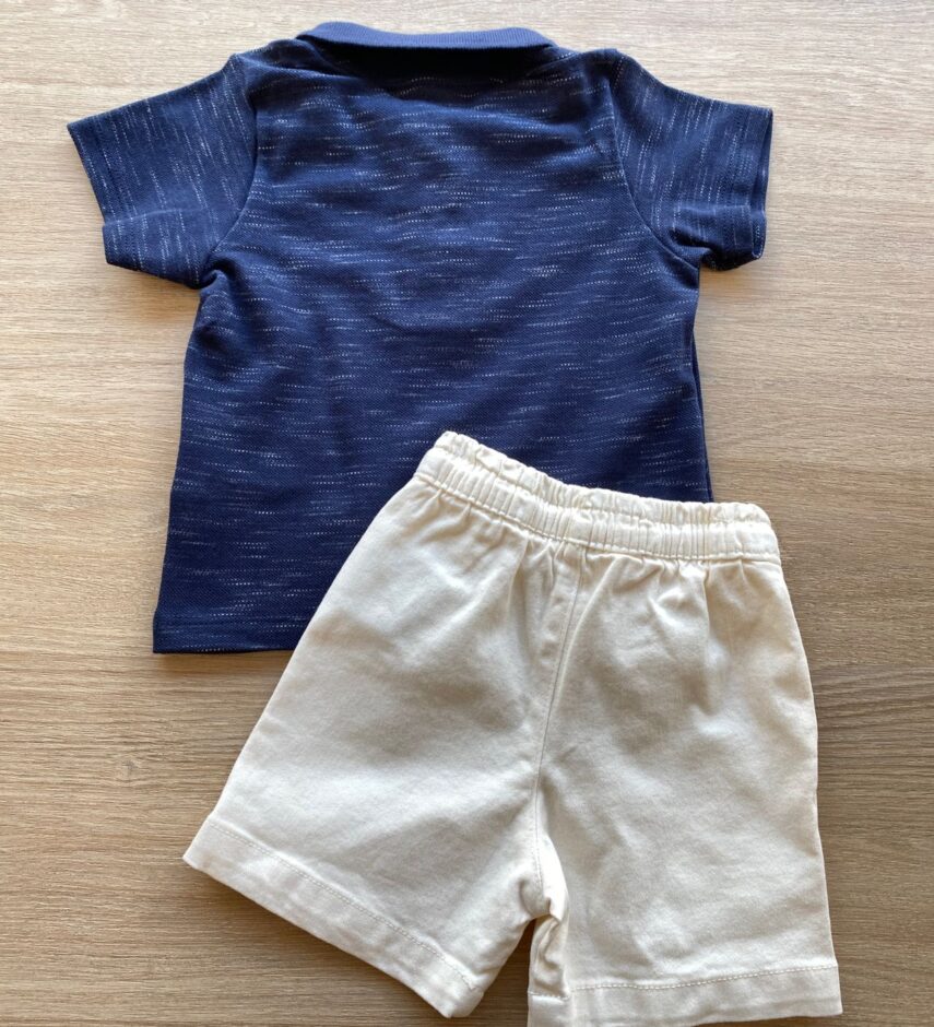 fernandaramoskids com br Conjunto Infantil Masculino Camiseta Polo Azul e Bermuda Sarja Off White 2