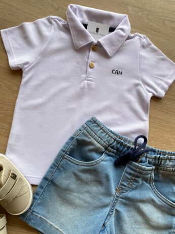 fernandaramoskids com br Conjunto Infantil Masculino Camiseta Polo Branca e Bermuda Jeans 1