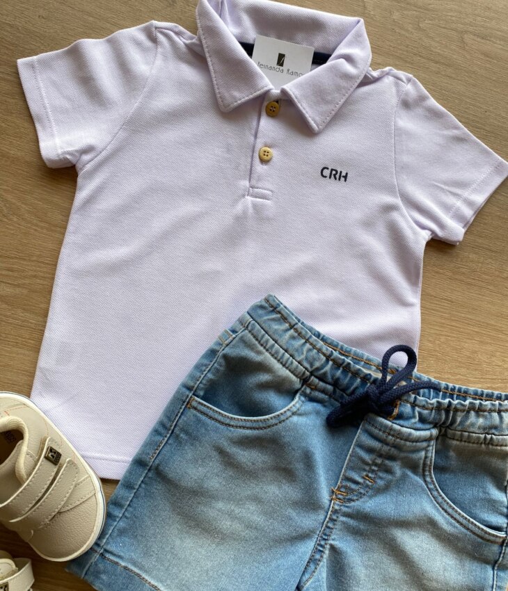 fernandaramoskids com br Conjunto Infantil Masculino Camiseta Polo Branca e Bermuda Jeans 1