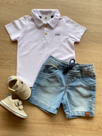 Conjunto Infantil Masculino Camiseta Polo Branca e Bermuda Jeans Fernanda Ramos Kids