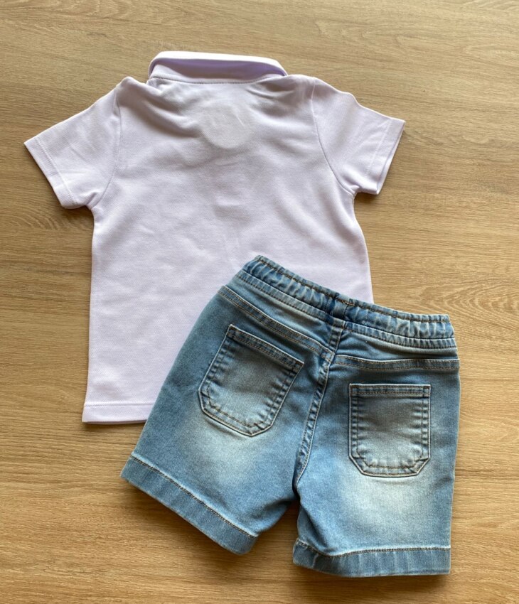 fernandaramoskids com br Conjunto Infantil Masculino Camiseta Polo Branca e Bermuda Jeans 4