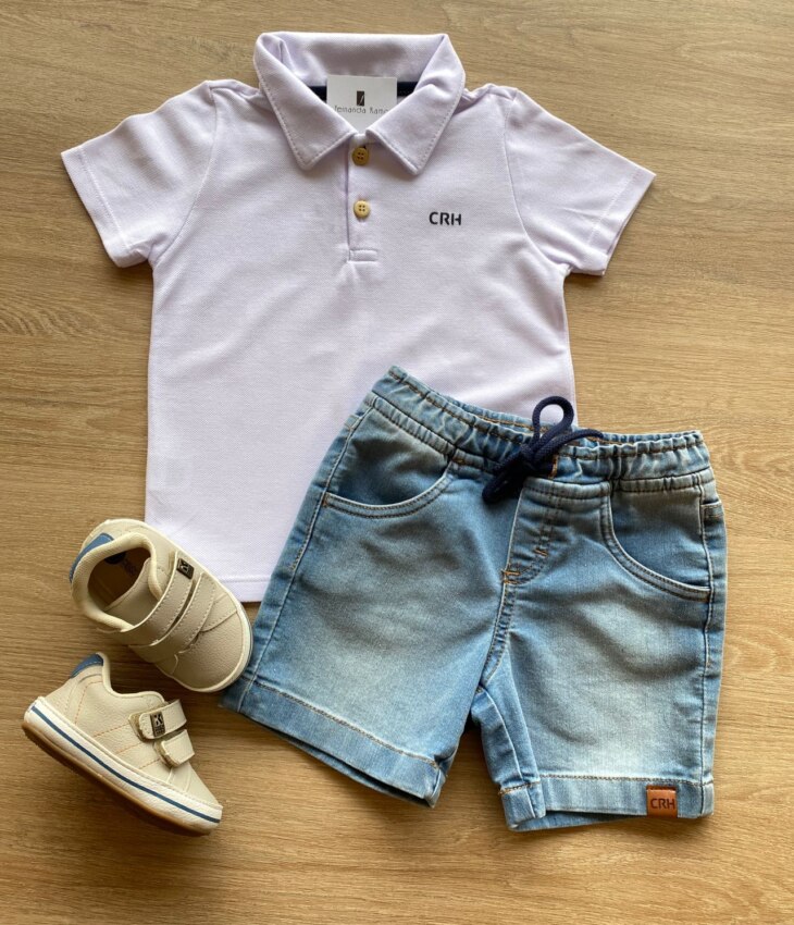 Conjunto Infantil Masculino Camiseta Polo Branca e Bermuda Jeans Fernanda Ramos Kids
