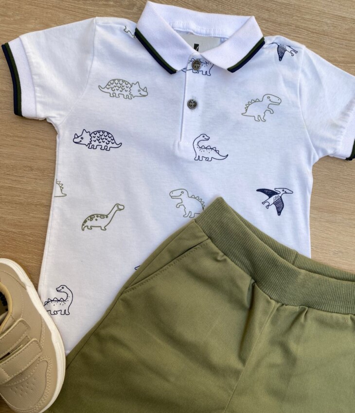 fernandaramoskids com br Conjunto Infantil Masculino Camiseta Polo Branca e Bermuda Verde 1