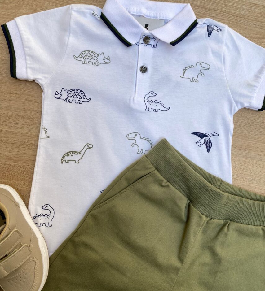 fernandaramoskids com br Conjunto Infantil Masculino Camiseta Polo Branca e Bermuda Verde 1