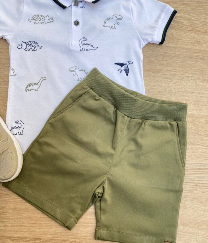 fernandaramoskids com br Conjunto Infantil Masculino Camiseta Polo Branca e Bermuda Verde 2