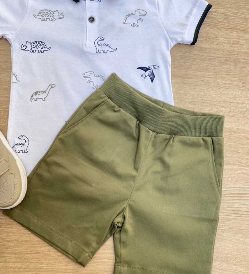 fernandaramoskids com br Conjunto Infantil Masculino Camiseta Polo Branca e Bermuda Verde 2