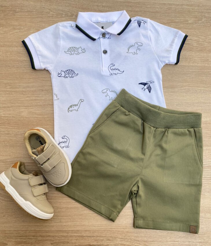 Conjunto Infantil Masculino Camiseta Polo Branca e Bermuda Verde Fernanda Ramos Kids