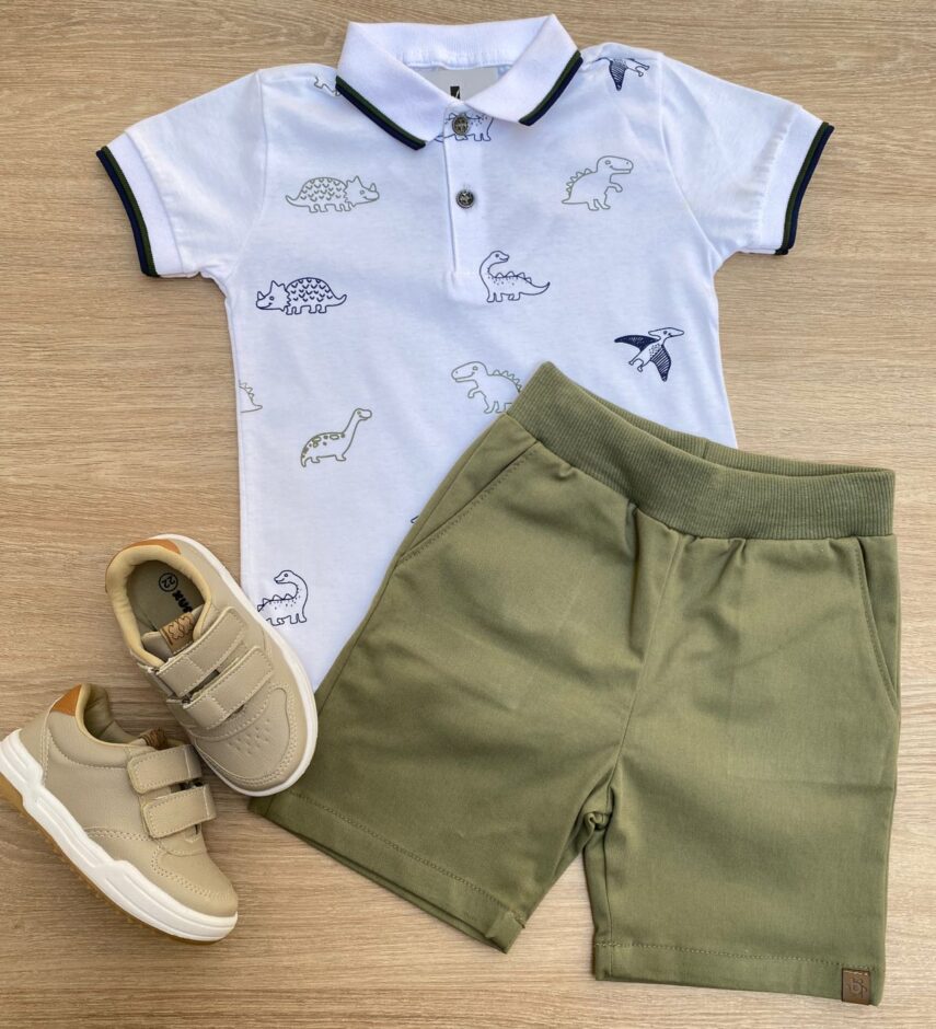 Conjunto Infantil Masculino Camiseta Polo Branca e Bermuda Verde Fernanda Ramos Kids