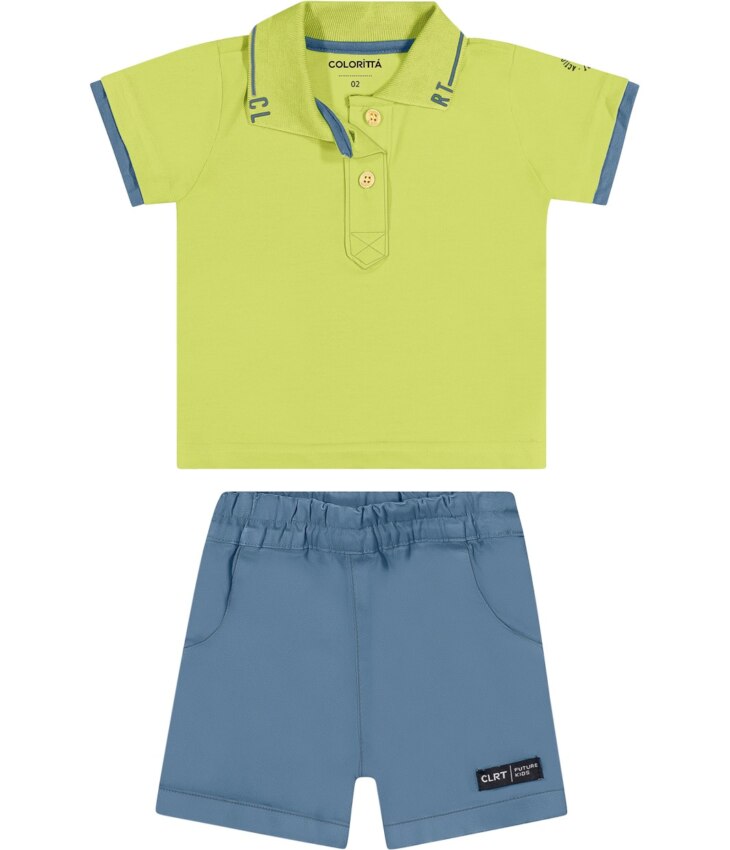 fernandaramoskids com br Conjunto Infantil Masculino Camiseta Polo Verde Bermuda Azul 2