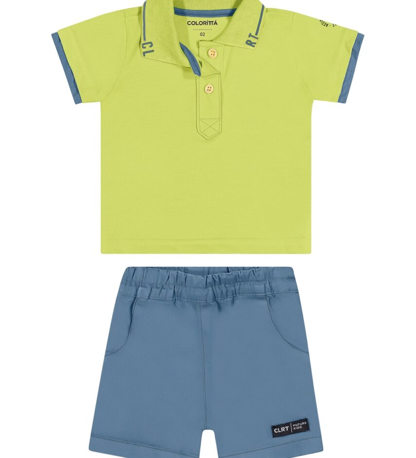 fernandaramoskids com br Conjunto Infantil Masculino Camiseta Polo Verde Bermuda Azul 2