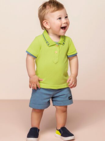 Conjunto Infantil Masculino Camiseta Polo Verde Bermuda Azul Fernanda Ramos Kids