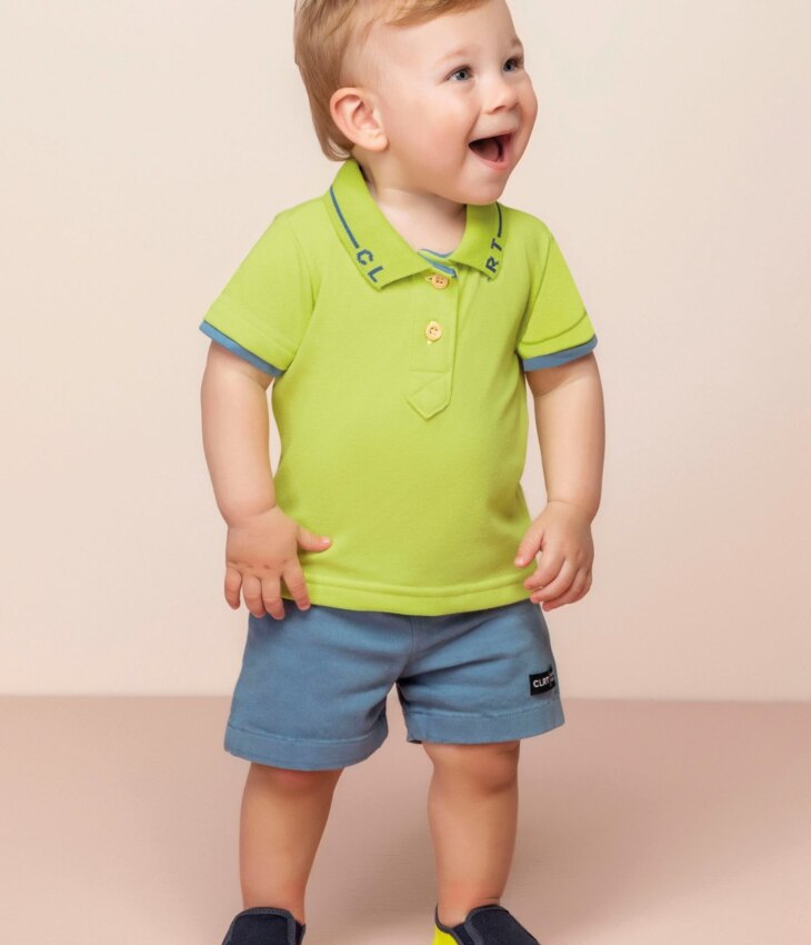 Conjunto Infantil Masculino Camiseta Polo Verde Bermuda Azul Fernanda Ramos Kids