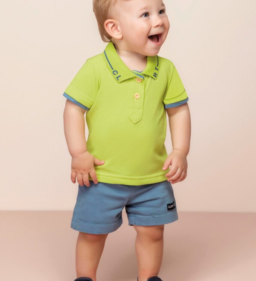 Conjunto Infantil Masculino Camiseta Polo Verde Bermuda Azul Fernanda Ramos Kids