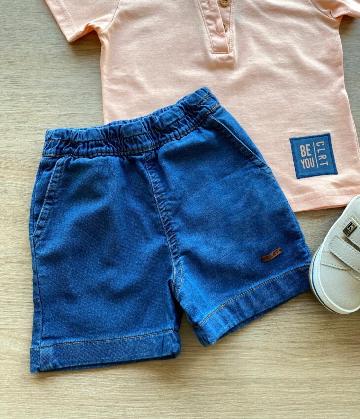 fernandaramoskids com br Conjunto Infantil Masculino Camiseta Salmão e Bermuda Jeans 2