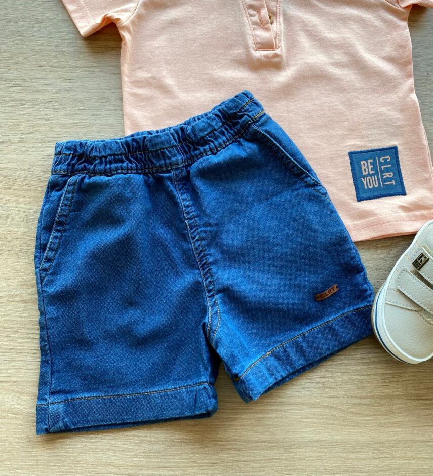fernandaramoskids com br Conjunto Infantil Masculino Camiseta Salmão e Bermuda Jeans 2