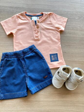 Conjunto Infantil Masculino Camiseta Salmão e Bermuda Jeans Fernanda Ramos Kids