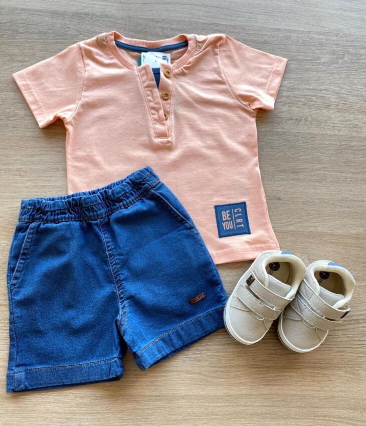 Conjunto Infantil Masculino Camiseta Salmão e Bermuda Jeans Fernanda Ramos Kids