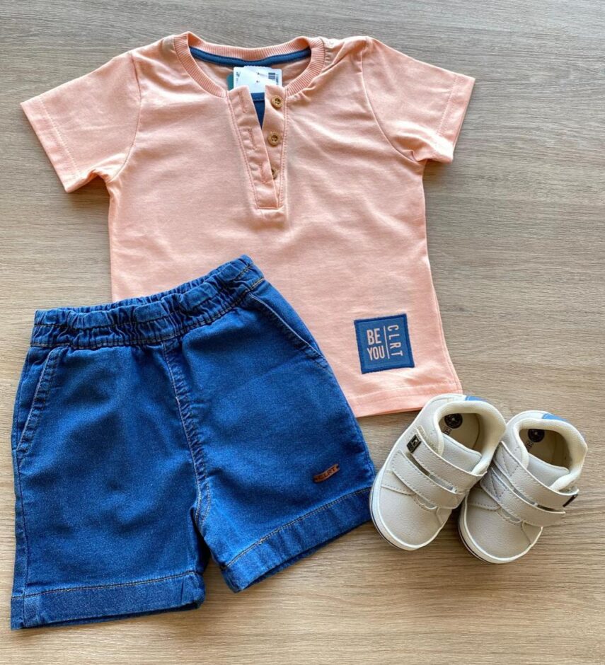 Conjunto Infantil Masculino Camiseta Salmão e Bermuda Jeans Fernanda Ramos Kids