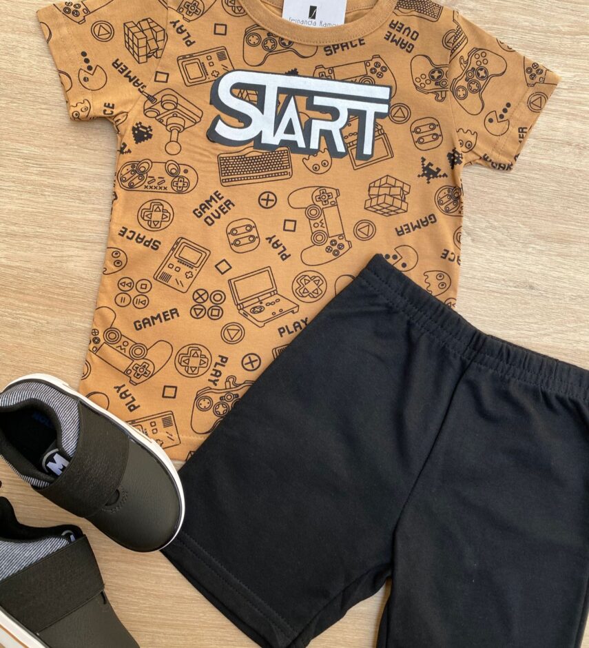fernandaramoskids com br Conjunto Infantil Masculino Camiseta Start Marrom e Bermuda Preta 1