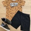Conjunto Infantil Masculino Camiseta Start Marrom e Bermuda Preta Fernanda Ramos Kids