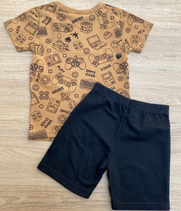 fernandaramoskids com br Conjunto Infantil Masculino Camiseta Start Marrom e Bermuda Preta 2