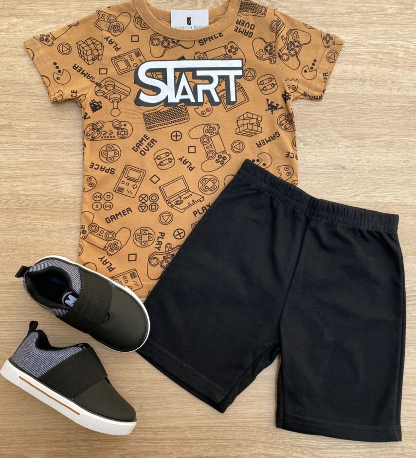 Conjunto Infantil Masculino Camiseta Start Marrom e Bermuda Preta Fernanda Ramos Kids