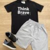 Conjunto Infantil Masculino Camiseta Think Brave e Bermuda Cinza Fernanda Ramos Kids