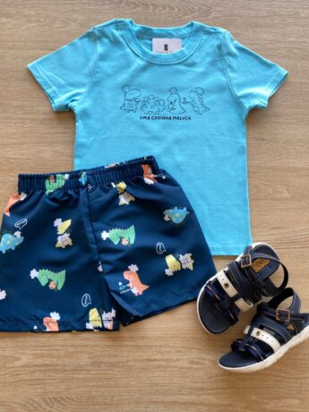 Conjunto Infantil Masculino Azul Camiseta Uma Cozinha Maluca e Bermuda Fernanda Ramos Kids