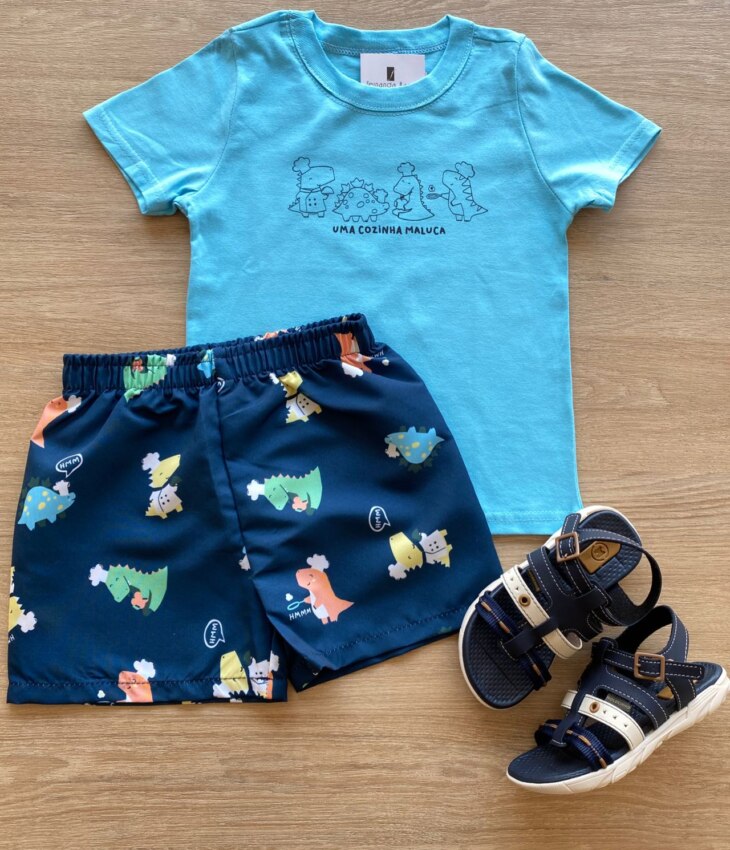 Conjunto Infantil Masculino Azul Camiseta Uma Cozinha Maluca e Bermuda Fernanda Ramos Kids