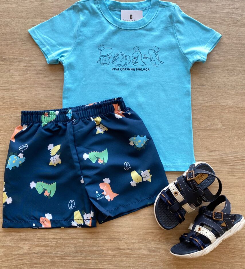 Conjunto Infantil Masculino Azul Camiseta Uma Cozinha Maluca e Bermuda Fernanda Ramos Kids