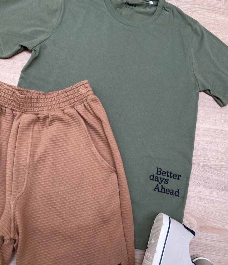 fernandaramoskids com br Conjunto Infantil Masculino Camiseta Verde e Bermuda Marrom 1