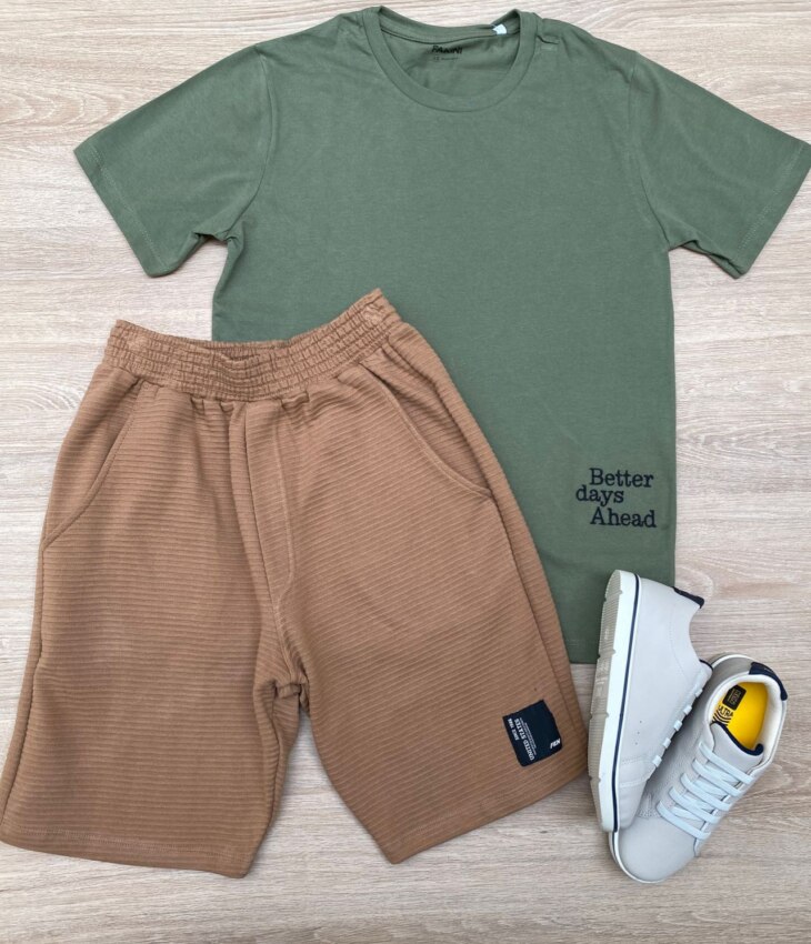 Conjunto Infantil Masculino Camiseta Verde e Bermuda Marrom Fernanda Ramos Kids