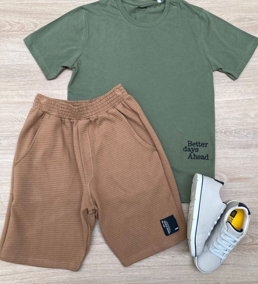 Conjunto Infantil Masculino Camiseta Verde e Bermuda Marrom Fernanda Ramos Kids