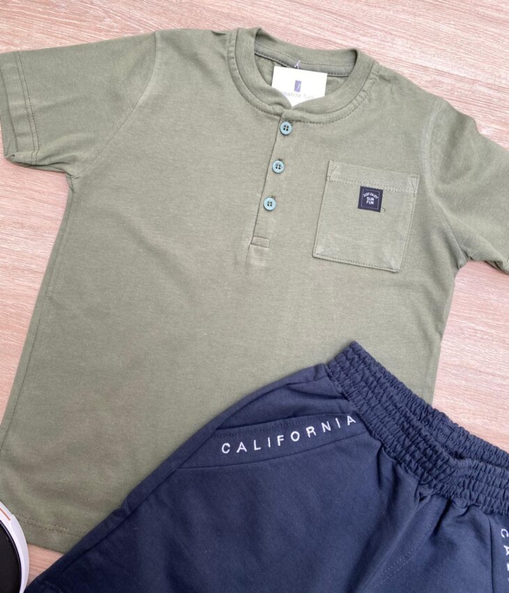 fernandaramoskids com br Conjunto Infantil Masculino Camiseta Verde Militar e Bermuda Grafite 1