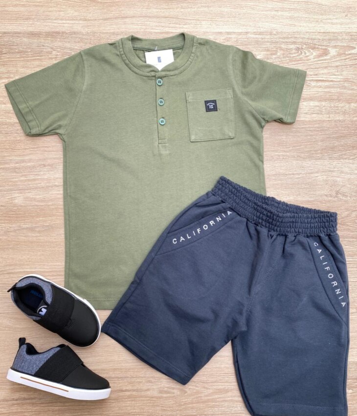 Conjunto Infantil Masculino Camiseta Verde Militar e Bermuda Grafite Fernanda Ramos Kids