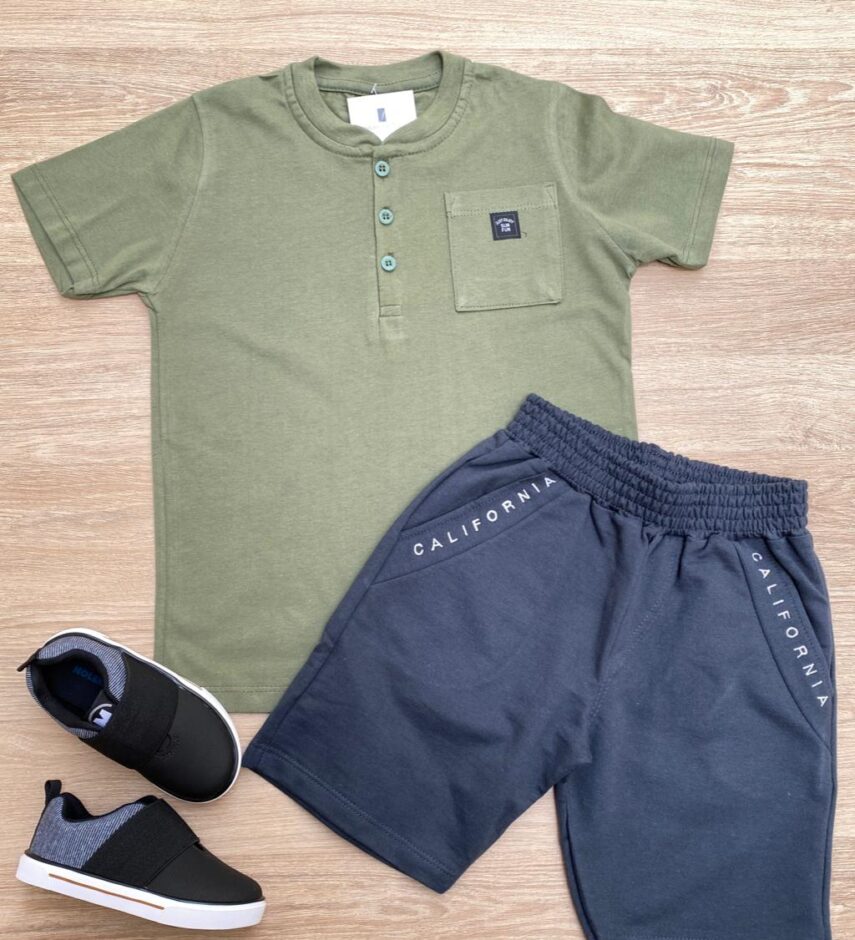 Conjunto Infantil Masculino Camiseta Verde Militar e Bermuda Grafite Fernanda Ramos Kids