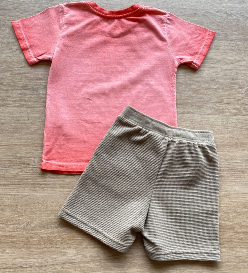 fernandaramoskids com br Conjunto Infantil Masculino Camiseta Vermelha e Bermuda Bege 2
