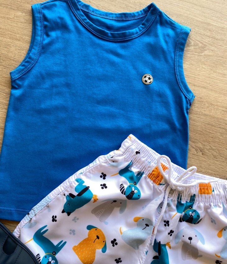 fernandaramoskids com br Conjunto Infantil Masculino Regata Azul e Bermuda Branca Estampada 1