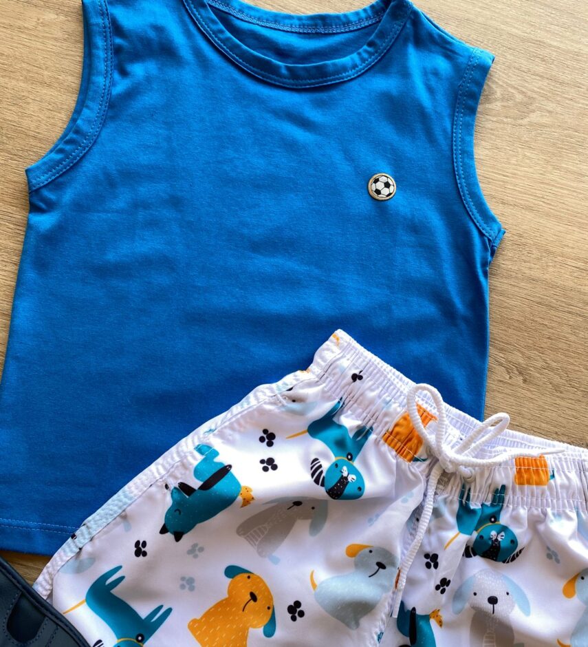 fernandaramoskids com br Conjunto Infantil Masculino Regata Azul e Bermuda Branca Estampada 1