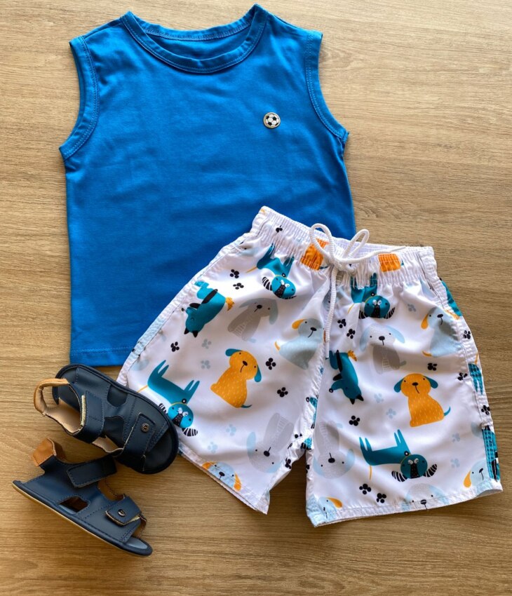 Conjunto Infantil Masculino Regata Azul e Bermuda Branca Estampada Fernanda Ramos Kids