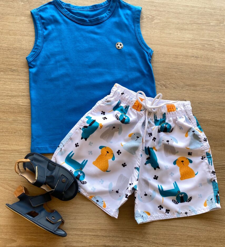 Conjunto Infantil Masculino Regata Azul e Bermuda Branca Estampada Fernanda Ramos Kids