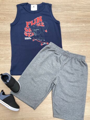 Conjunto Infantil Masculino Regata Azul Marinho e Bermuda Cinza Fernanda Ramos Kids
