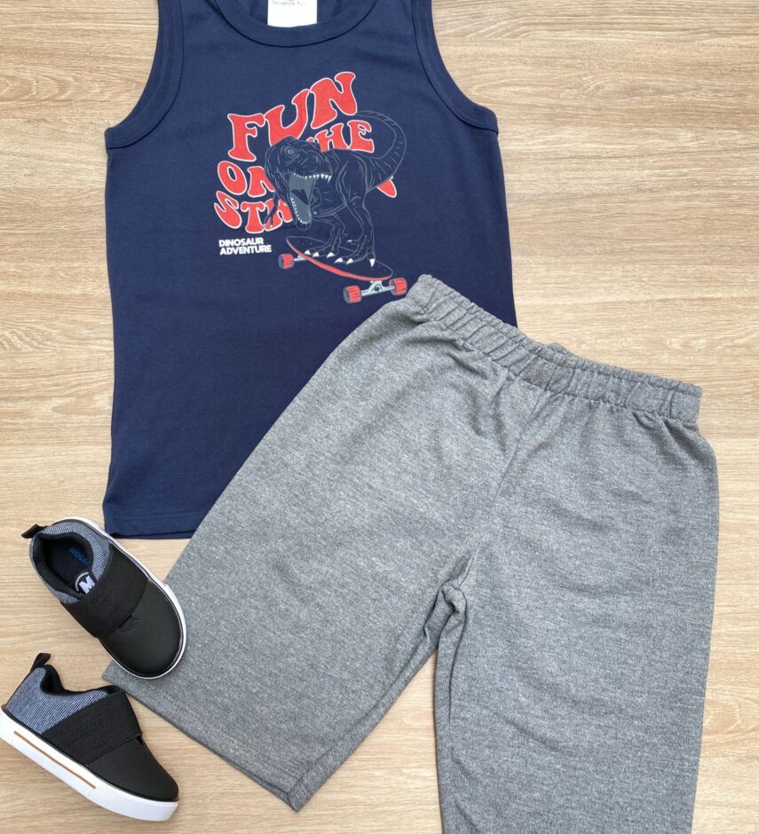 Conjunto Infantil Masculino Regata Azul Marinho e Bermuda Cinza Fernanda Ramos Kids