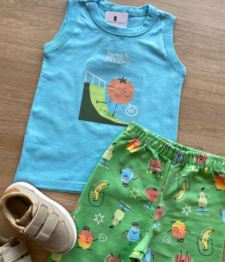 fernandaramoskids com br Conjunto Infantil Masculino Regata Tomate Radical e Bermuda Verde 1