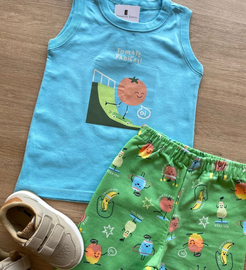 fernandaramoskids com br Conjunto Infantil Masculino Regata Tomate Radical e Bermuda Verde 1