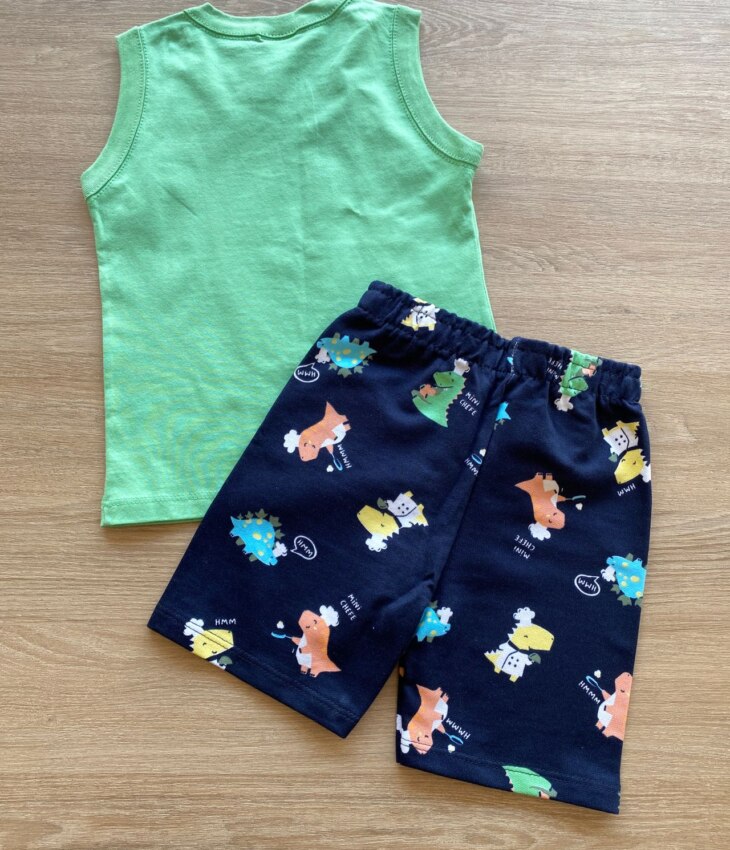 fernandaramoskids com br Conjunto Infantil Masculino Regata Verde Estampada e Bermuda Azul 3