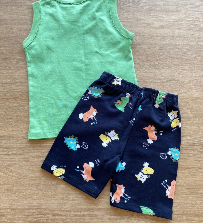 fernandaramoskids com br Conjunto Infantil Masculino Regata Verde Estampada e Bermuda Azul 3