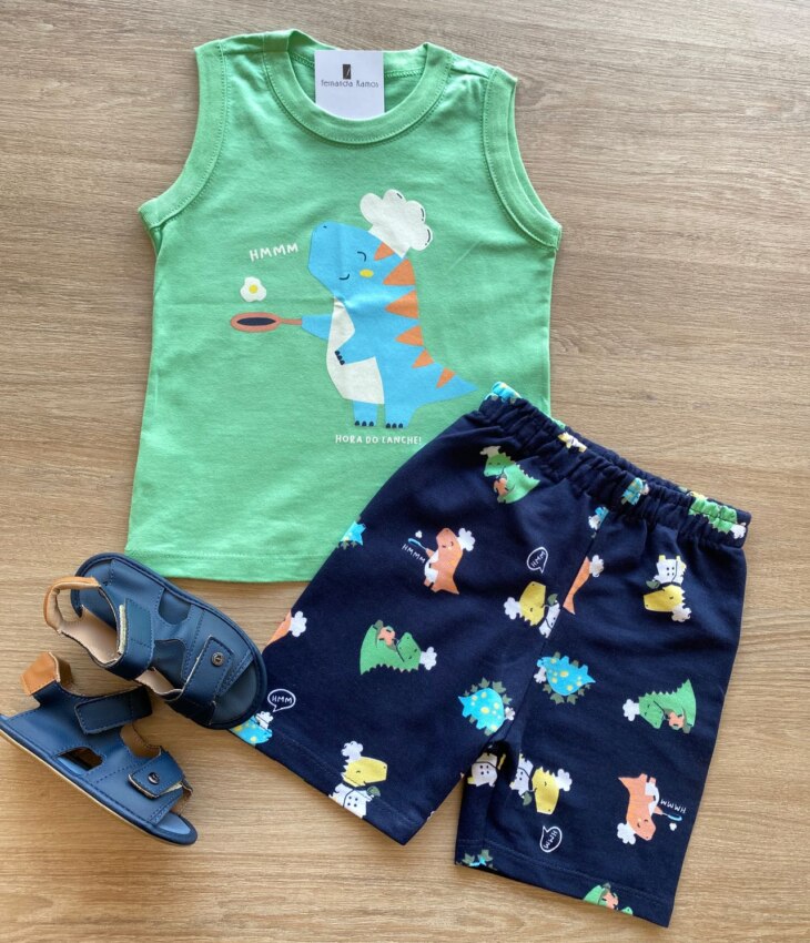 Conjunto Infantil Masculino Regata Verde Estampada e Bermuda Azul Fernanda Ramos Kids
